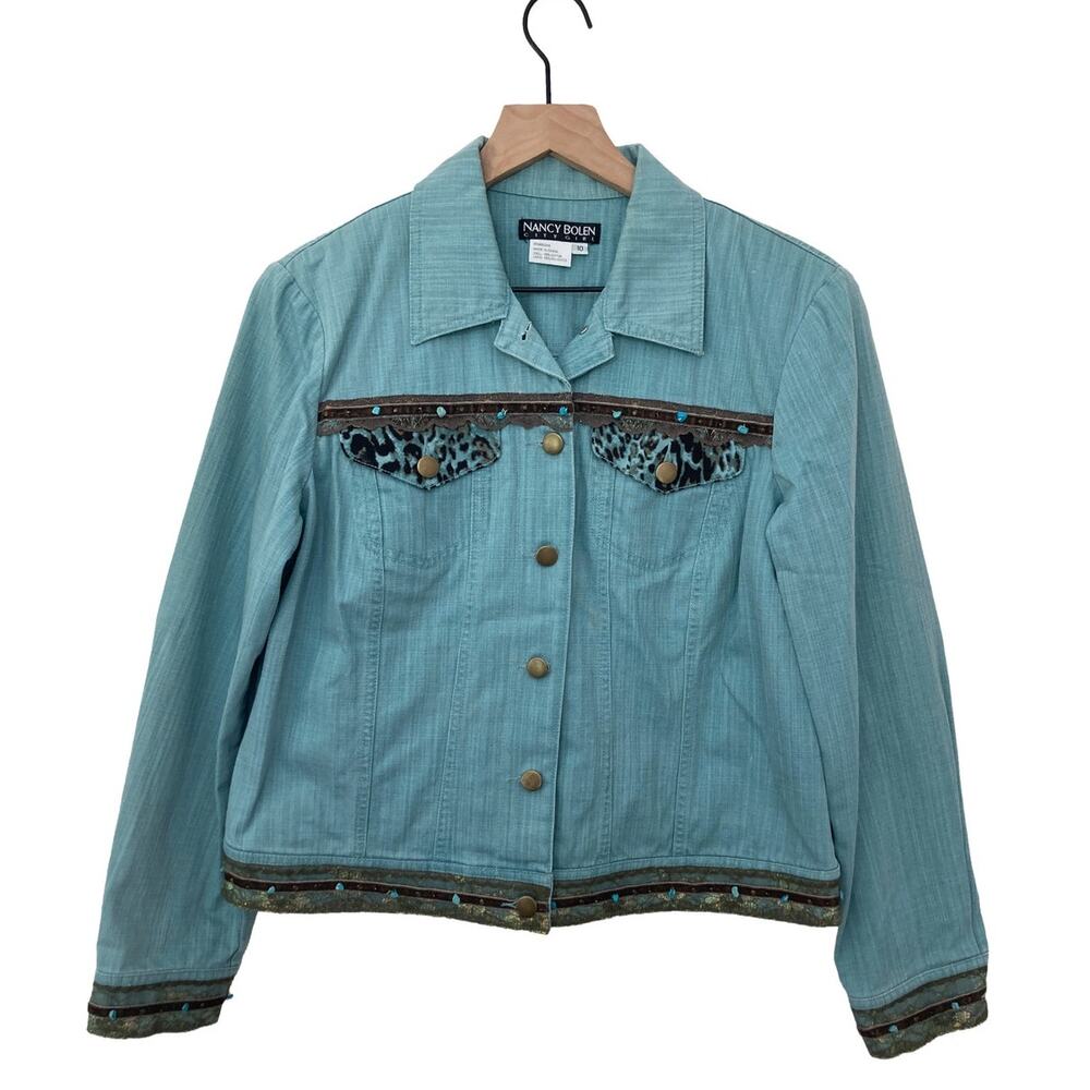 Vintage Y2K Nancy Bolen Southwestern Leopard Western Denim Jacket City Girl 10